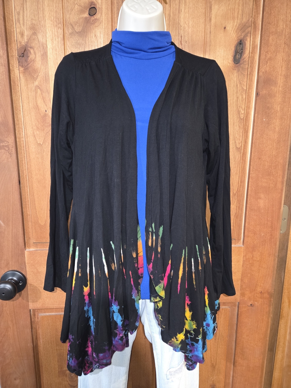 Black‎ Open-Front Cardigan with Multicolor Hem